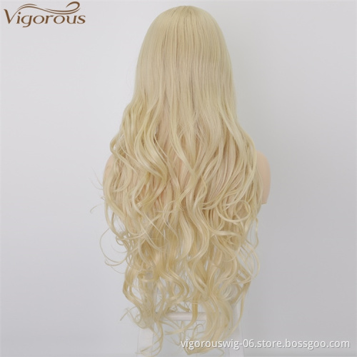 Vigorous High Quality Lace Front Wigs Long Wavy Synthetic Wigs Middle Part 613 Blonde Wigs Heat Resistant Fiber Wholesale Price
